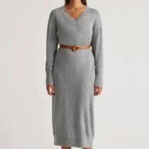 Quince Mongolian Cashmere V-Neck Midi Sweater Dress